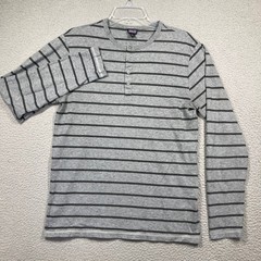 Patagonia Henley Shirt Mens Medium Grey Striped Organic Cotton Long Sleeve
