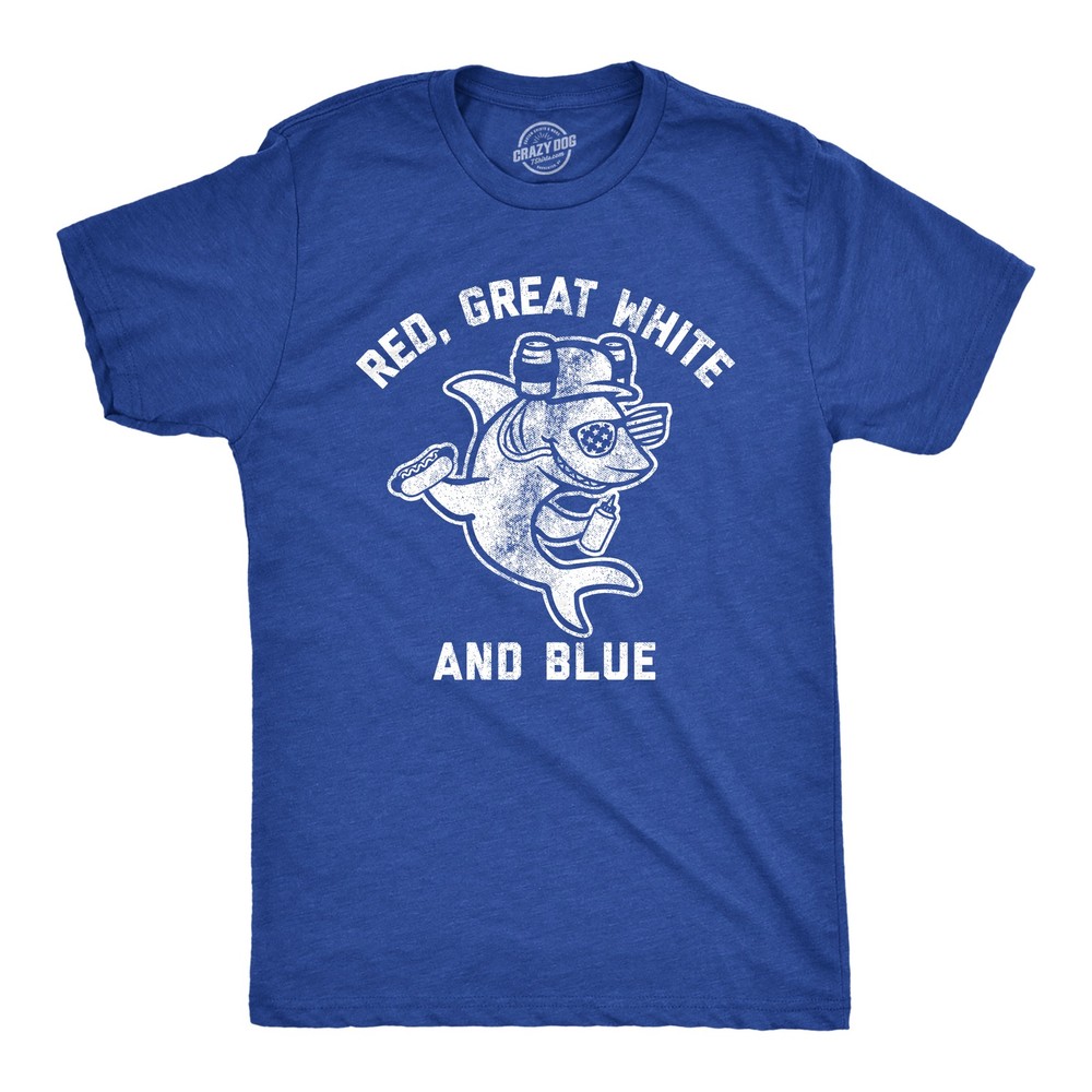 Mens Red Great White and Blue T Shirt Funny 4th Of July Shark USA Patriotic