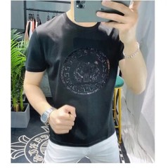 New Men Luxury Tiger Rhinestones Fashion Black White Pink T-Shirt High Quality