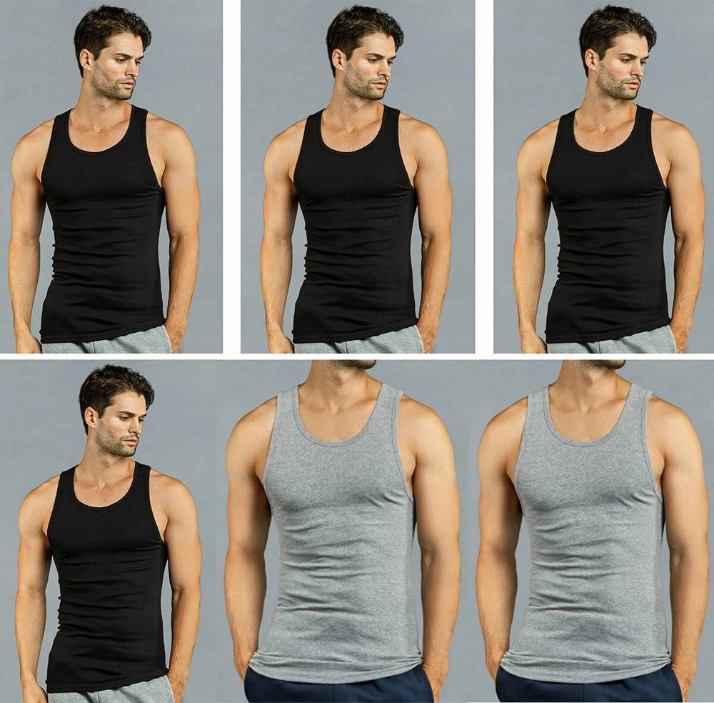 3-12 Men’s 100% Cotton Tank Top A-Shirt Wife-Beater Undershirt Black Gray S-3XL