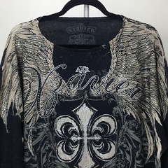 Xzavier Buckle All Over Print Studded Feather Wing Graphic T-shirt Men XL Black
