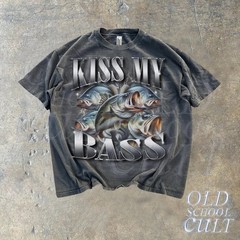 Kiss My Bass Vintage 90s Bootleg Rap Style T-Shirt Retro Fishing Graphic Tee