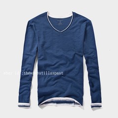 Mens Round Collar Long-Sleeved T-Shirts Cotton V-Neck Solid Color Casual Tops