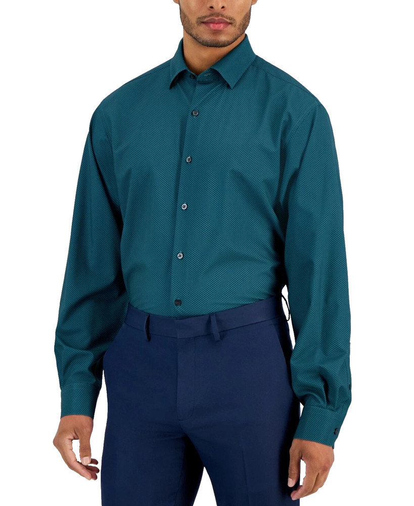 Alfani Men’s Regular Fit Maple Geo Print Dress Shirt Teal 17-17.5 in 36/37