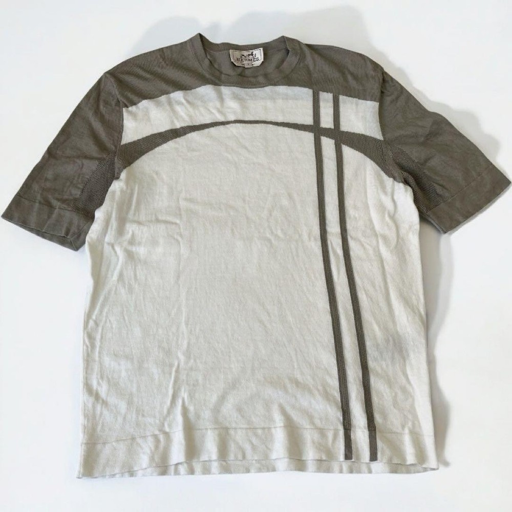 HERMES Short Sleeve Knit Shirt Mens S White Gray 31-5735 Cotton Cashmere Crew