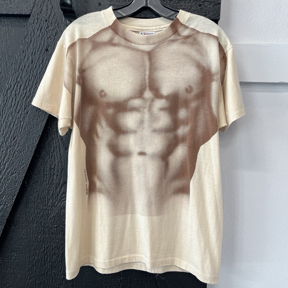 Vintage 80s Kaleita Muscle Body Builder Abs Male Anatomy Tee Shirt Size L