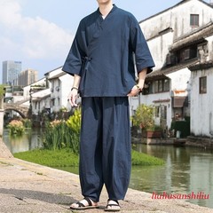 Retro Chinese Style Men’s 3/4 Sleeve Shirt Top Ankle Pants Casual Loose 2pcs Set