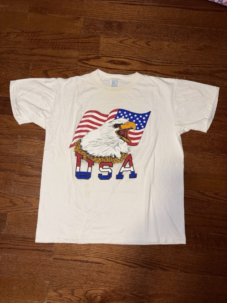 Vintage 80s Brother USA Eagle Flat Art T Shirt Mens L White America Patriots 90s