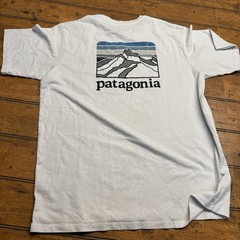 Patagonia T-Shirt with Chest Pocket – Blue – Large Graphic on Back – Men’s Small