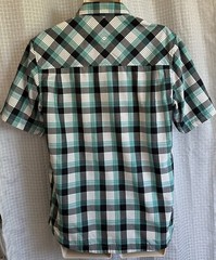 KAVU MENS BLACK-GREEN-WHITE POLYESTER PLAID SS SHIRT. SIZE MEDIUM. VGC. W
