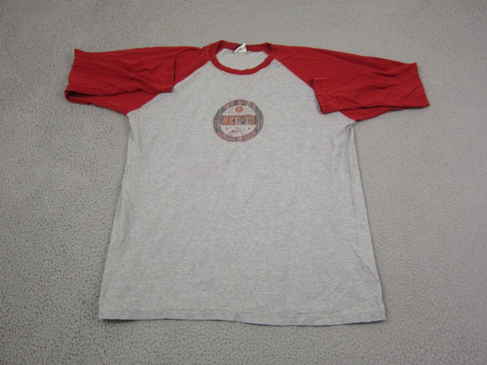 Vintage Buckle Shirt Adult Large Gray Red USA Made Baseball Raglan Single Stitch