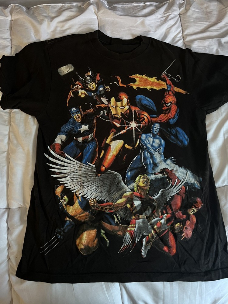VINTAGE Marvel Mad Engine Comics Avengers X-men Characters T-shirt Men M Black
