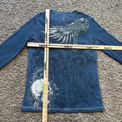 Vintage No Boundaries Thermal Shirt Size L Blue Y2K Skull Cross Wings Cyber Punk