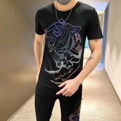 New Men Hot Drilling Fashion Tiger Rhinestone Summer Luxury Two-Piece Tracksuit