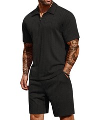 Men’s Tracksuit 2 Piece Polo Athletic Sweatsuit Zip Polo and Shorts Sets Shor…