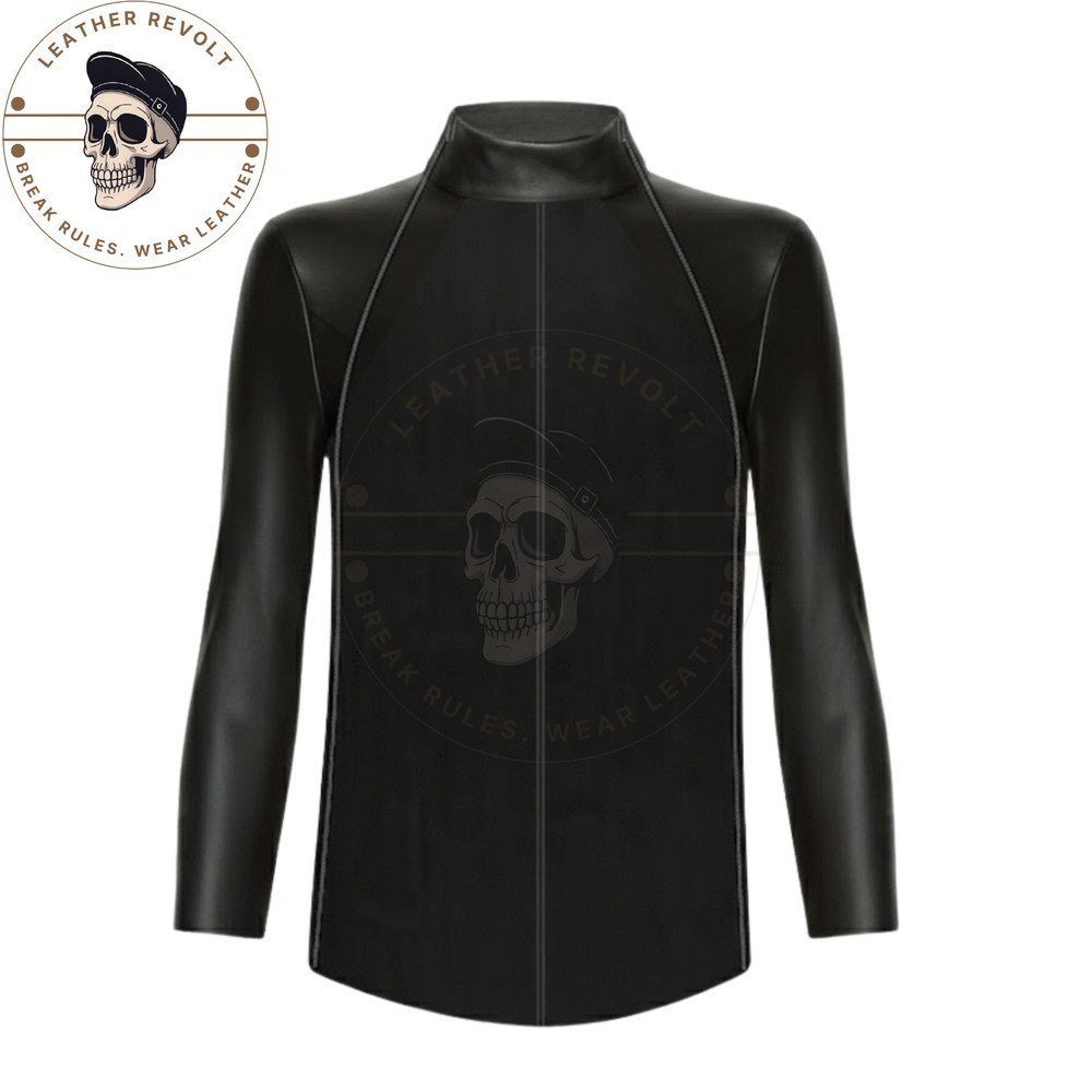 Men’s Black Lambskin Leather Fitted Shirt High Neck Slim Fit Motorcycle Style