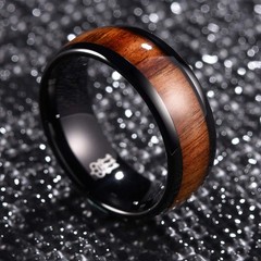 8mm Black Tungsten Carbide Wedding Ring for Women with Koa Wood Inlay Domed W…