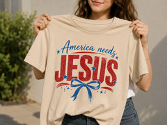America Needs Jesus Shirt Patriotic Christian Faith Bow Tee Cream Women