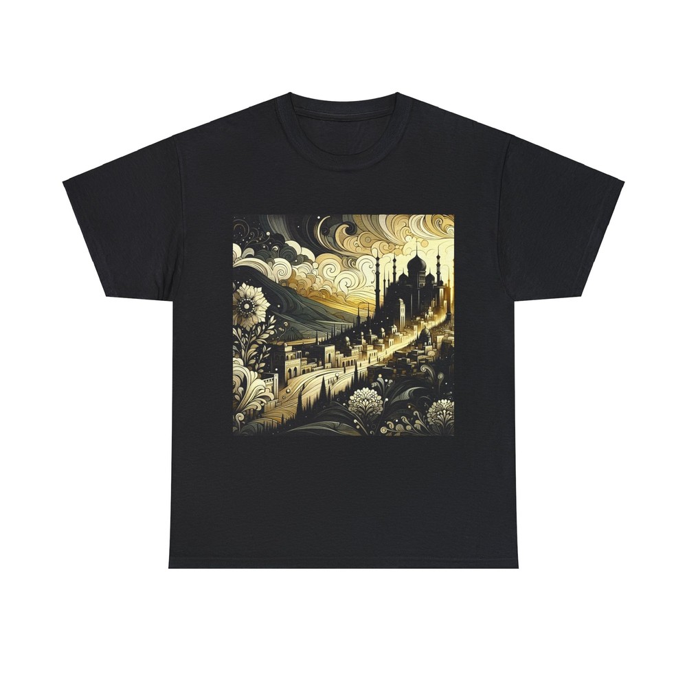 Unisex Adult T Shirt Golden Art Deco Cityscape with Lush Floral Accents Black