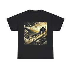 Unisex Adult T Shirt Golden Art Deco Cityscape with Lush Floral Accents Black