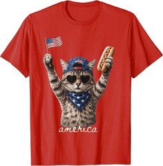 Retro Funny America Cat Hot Dog Lovers Patriotic US Flag T-Shirt
