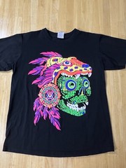 AZTEC SKULL T SHIRT ART TEE Front Back Hits Unique LARGE Neon Black Vision See