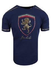 Men T-Shirt Bucheli Italian Horse Sport Logo Stripe Gold Lion Slim Fit Crew Neck