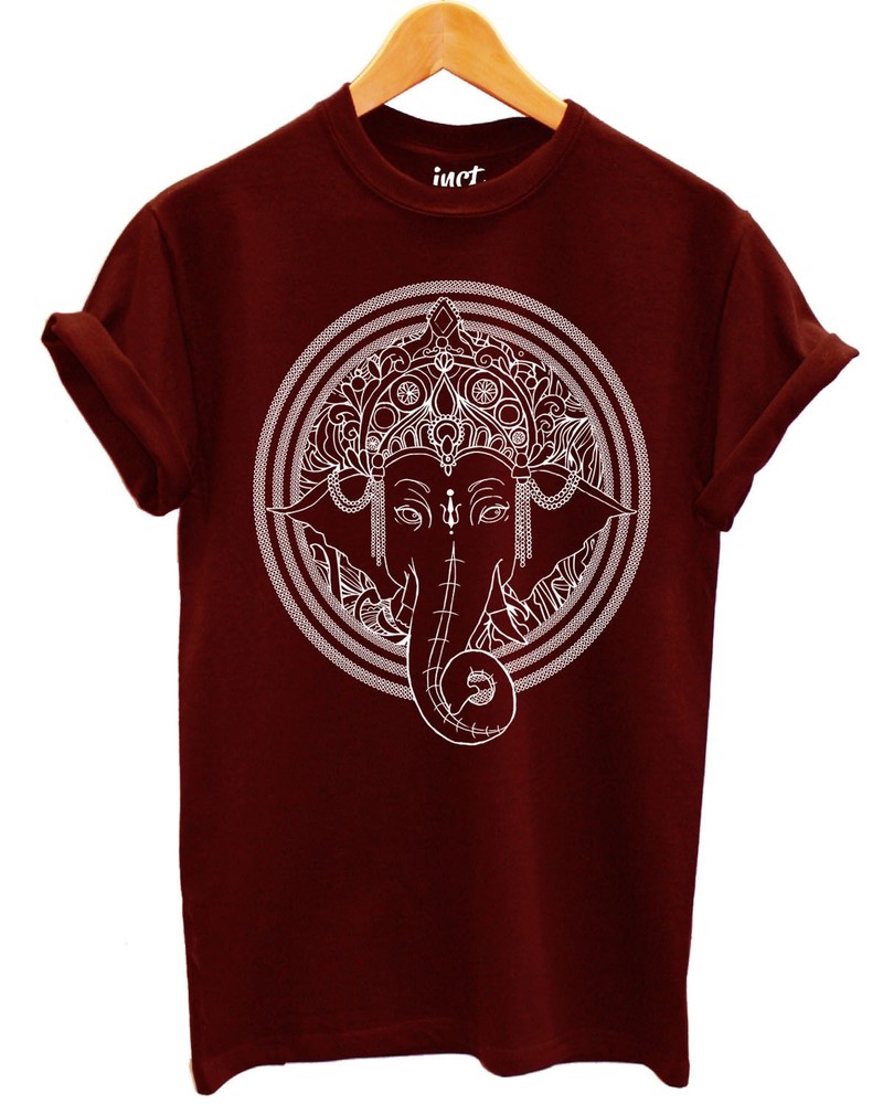 Large Elephant Head Chest Logo T Shirt Ganesh Religion Floral Fashion Hipster