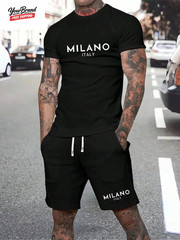 Man Soild Color Letter Print Sports T-Shirt Shorts Set Summer Men’S Short Sleeve