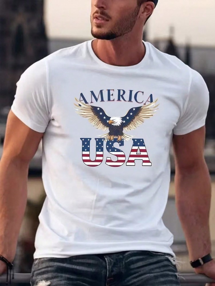 Men’s White American Flag Eagle Patriotic Theme T-Shirt – Short-Sleeved