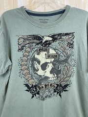 Y2K Style DKNY Jeans NYC Skull Print Muted Green w/ Black Flocking T-Shirt Sz XL