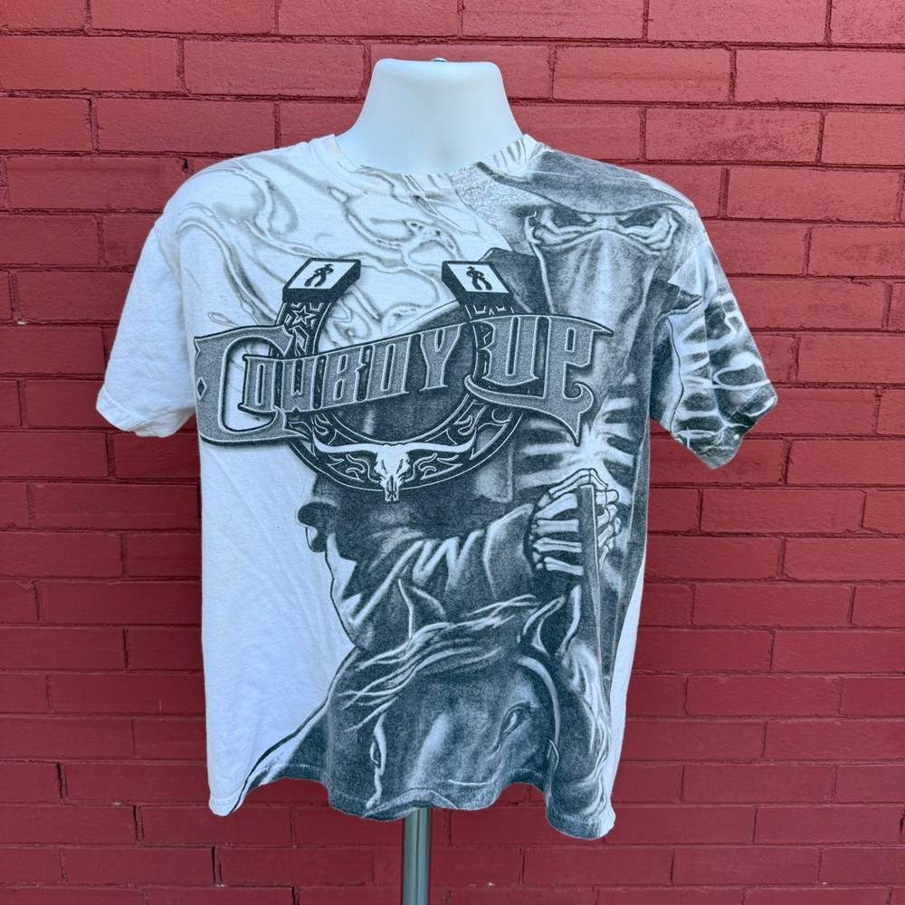 Vintage Cowboy Up Shirt Mens Size Medium Western Rodeo Graphic Tee AOP Graphic