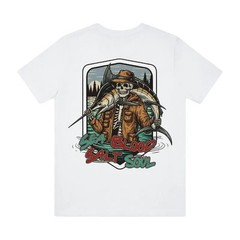 Fishing Graphic T-Shirt – Sea Blood Salt Soul Skeleton Fisherman with Big Fish
