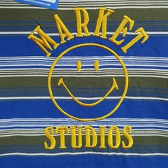 MARKET STUDIO Shirt Mens XXL Blue Stripe Pullover Crew Smiley T-Shirt Tee