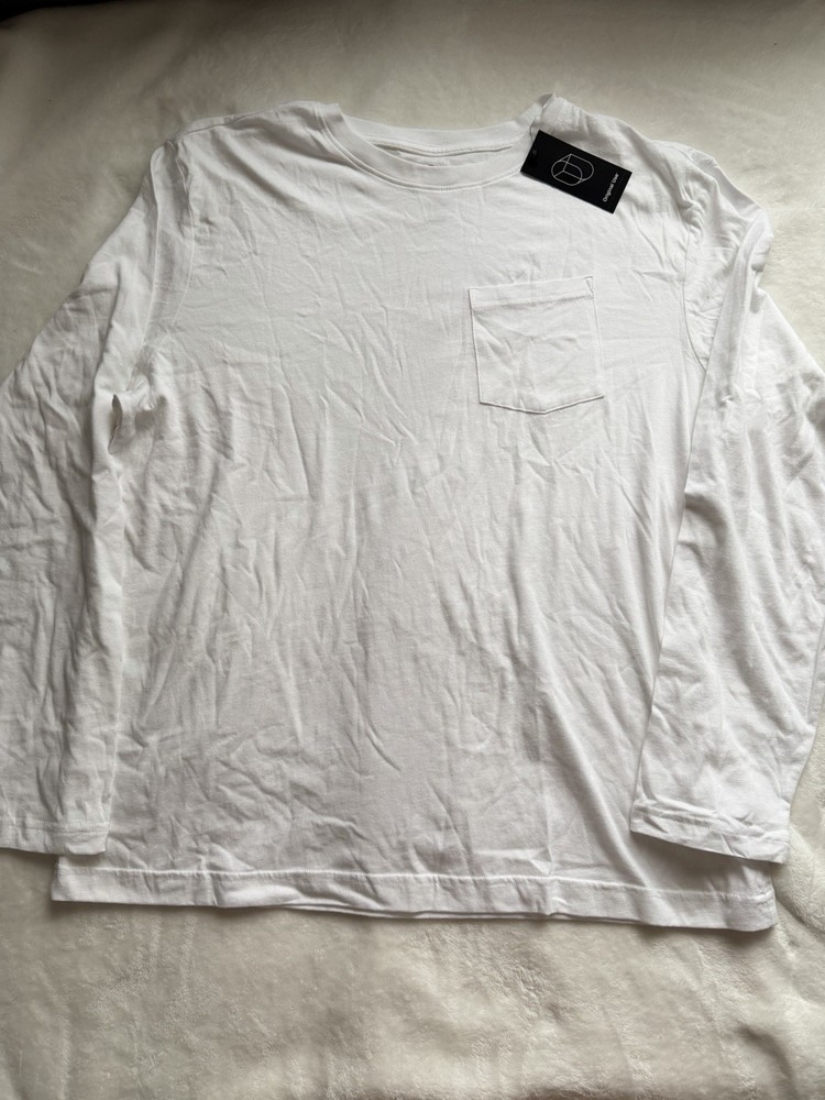 Original Use Men’s White Cotton Knit Crew Neck Long Sleeve Pocket T-Shirt L