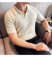 Summer New Men’s Short Sleeve Knit Shirt V-Neck Collar Slimming Casual Shirt Top