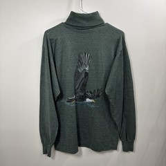 Vintage 90s Mens Hand Painted Eagle Green Turtleneck Long Sleeve Shirt Size L
