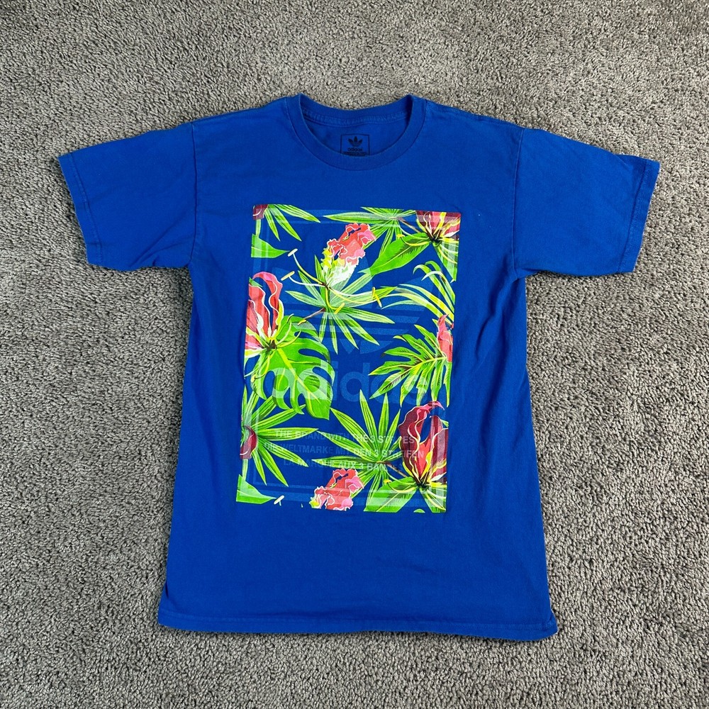 Adidas Shirt Mens Small Blue Green Trefoil Logo Monstera Leaf Hawaiian Casual