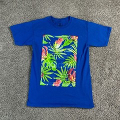 Adidas Shirt Mens Small Blue Green Trefoil Logo Monstera Leaf Hawaiian Casual