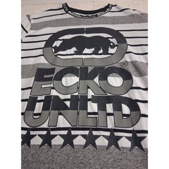 Ecko Unltd Mens T-Shirt Large Grey White Striped RhinoLogo Graphic Crew Neck Tee
