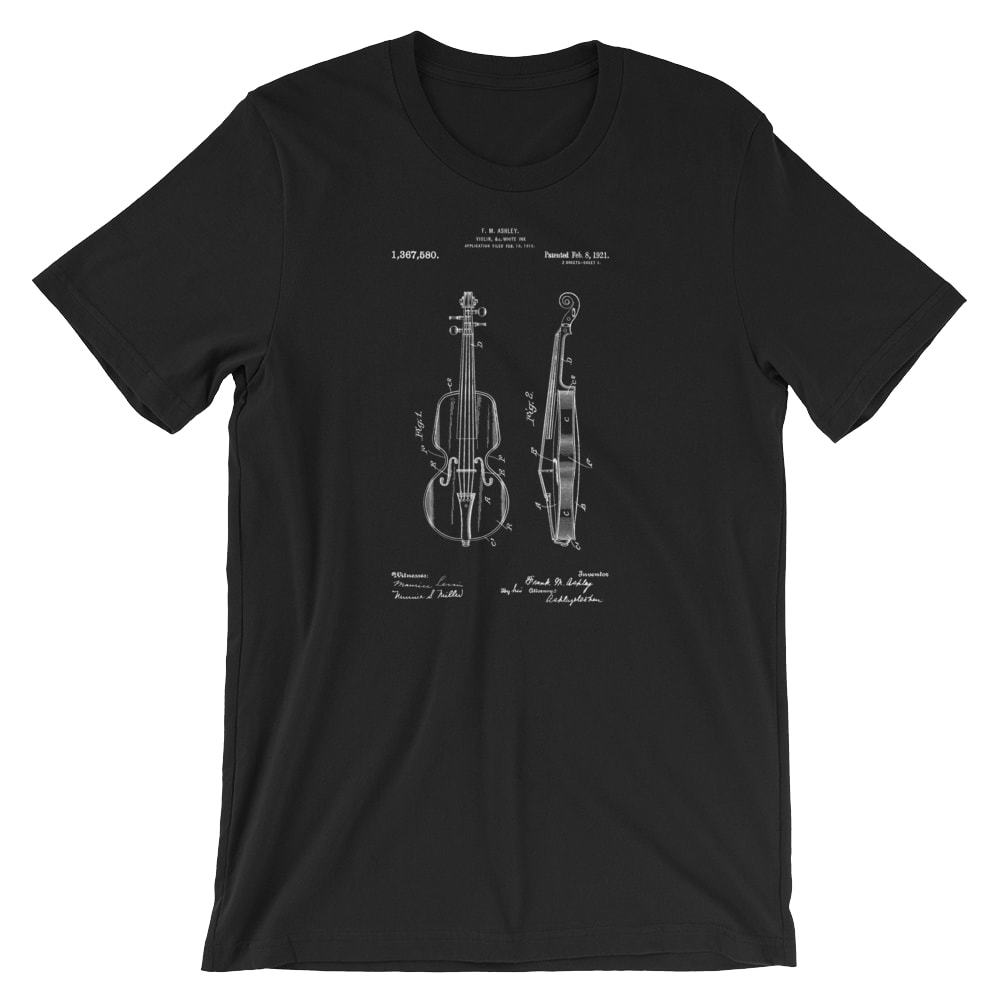 Violin Patent T-Shirt. Violin Shirt 100% Soft Cotton Tee on Black, White or Gray
