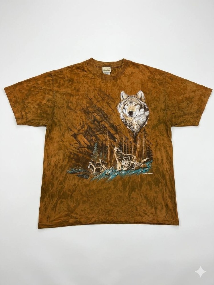 Vintage 90s Ragtop Sportswear Wolf Nature T-Shirt Brown Tie Dye Made in USA