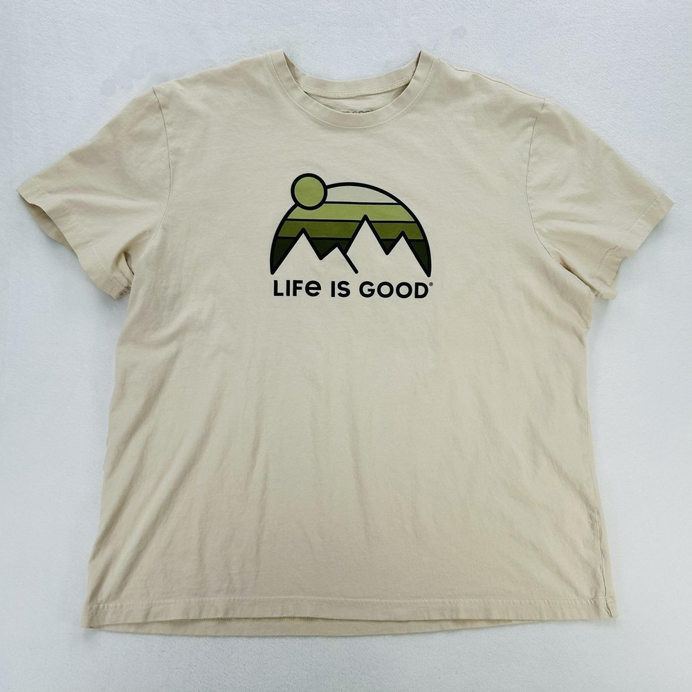 Life Is Good Shirt Mens 2XL Beige Mountain Logo Graphic Hiking Outdoor Tee