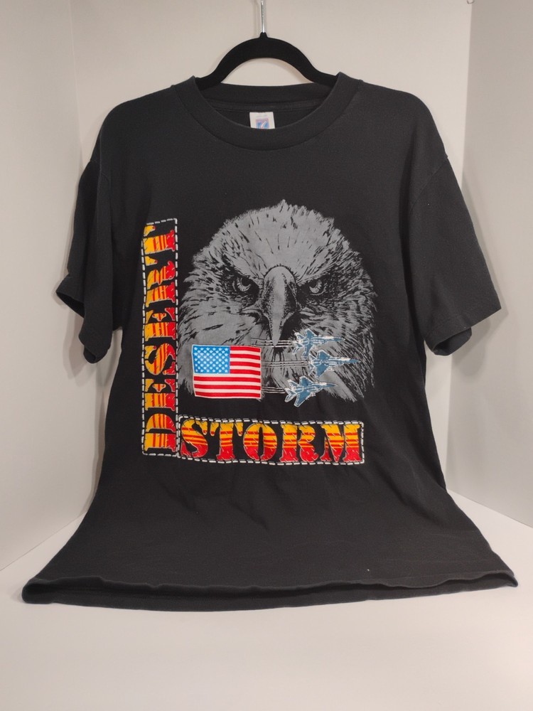 VTG Desert Storm Men’s Sz L T-Shirt USA Flag Eagle Fighter Jet Single Stitch