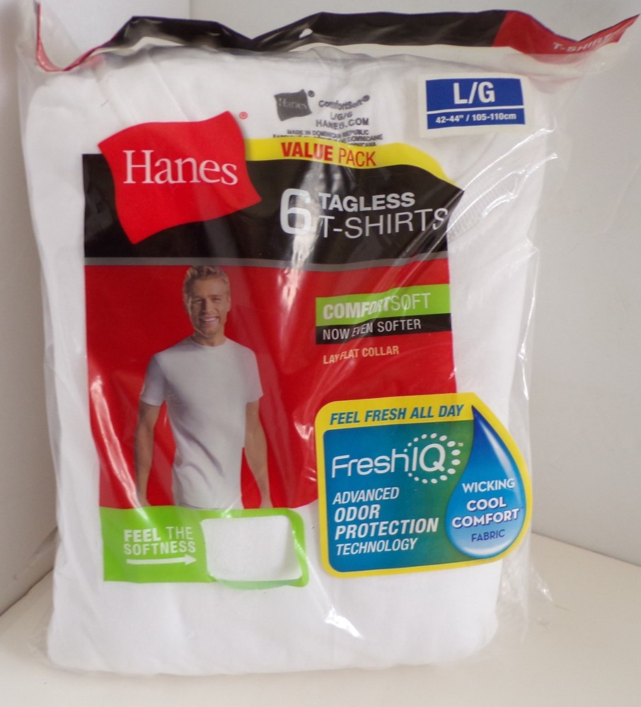 Hanes Men’s 6 Pack Tagless White T -Shirts Size Large 42-44″ Brand New