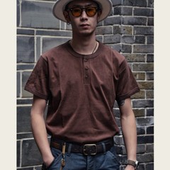 Cotton Henry Collar Short Sleeve T-Shirt Summer Men American Retro Fitness