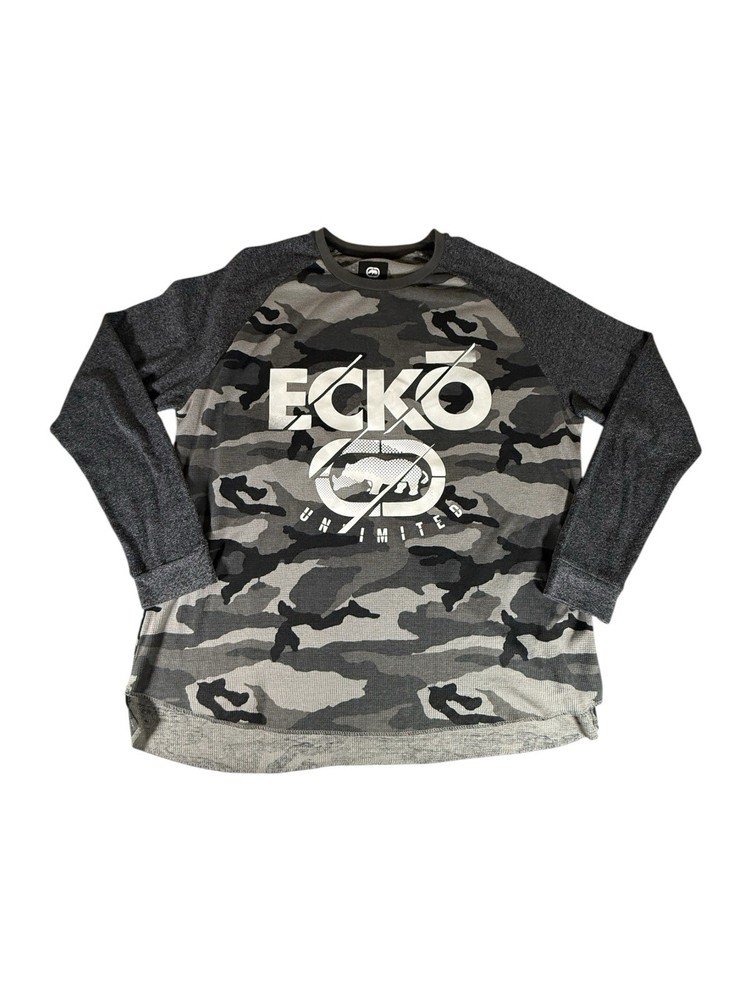 Ecko Untld Shirt Adult XXL Gray Camo Rhino Vinyl Pull Over Long Sleeve Mens