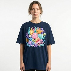 Colorful Seashells Coral Starfish T-Shirt Ocean Beach Summer Tee