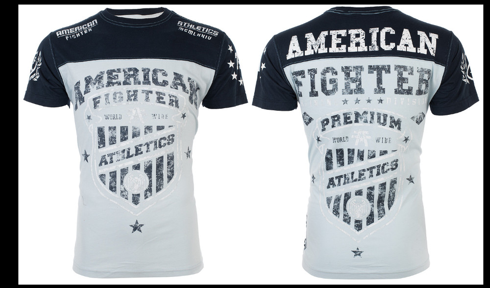 AMERICAN FIGHTER Light Blue Navy GRADUATE Athletic Graphic T-shirt NWT