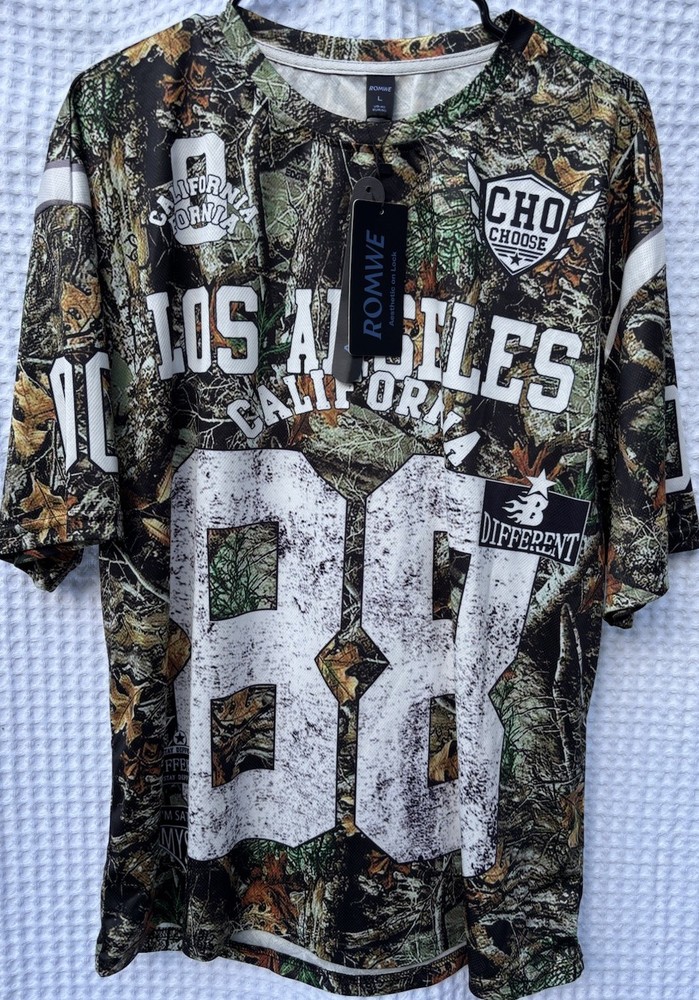 ROMWE T-Shirt Street Life Men’s L 88 Number Branches Camo Short Sleeve Sport NWT